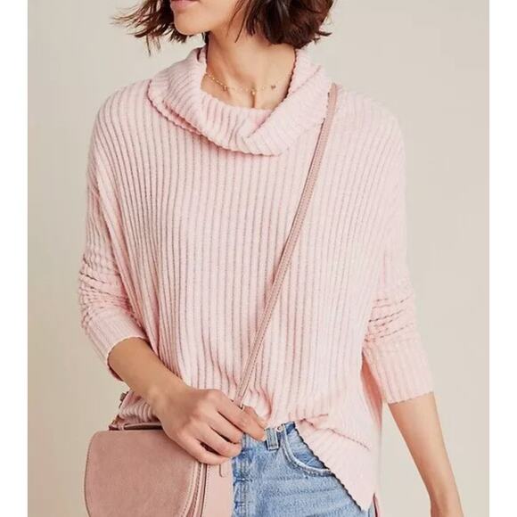 Anthropologie Maeve Cowl Neck Sweater Ribbed Knit Preppy Pink Womens MEDIUM - Picture 2 of 13